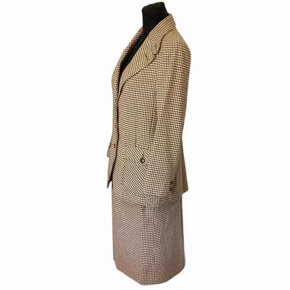 Vintage Dalton 100% Wool 2 Piece Suit Womens Houndstooth Blazer Skirt Brown - Picture 3 of 11